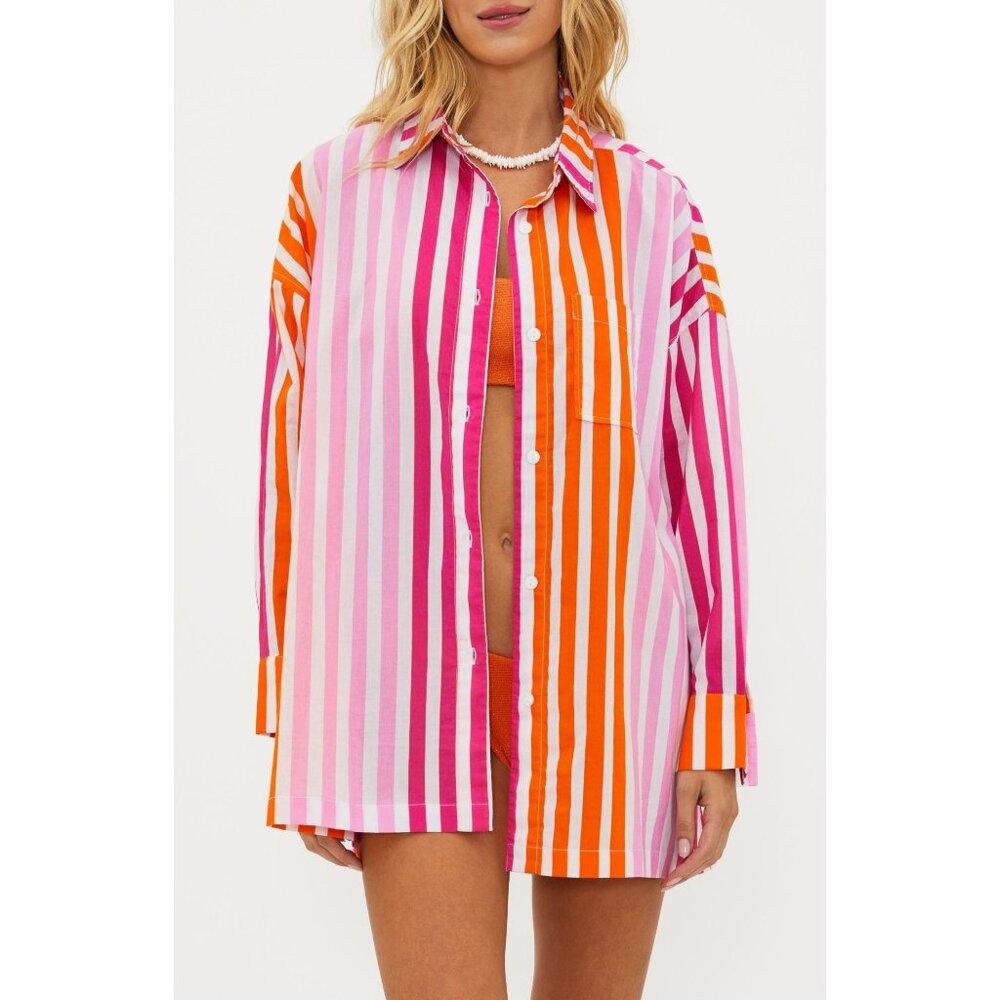 ❤️Beach Riot Petite Large Pink Alexa Top Sunset Stripes Cotton Button Up Revolve